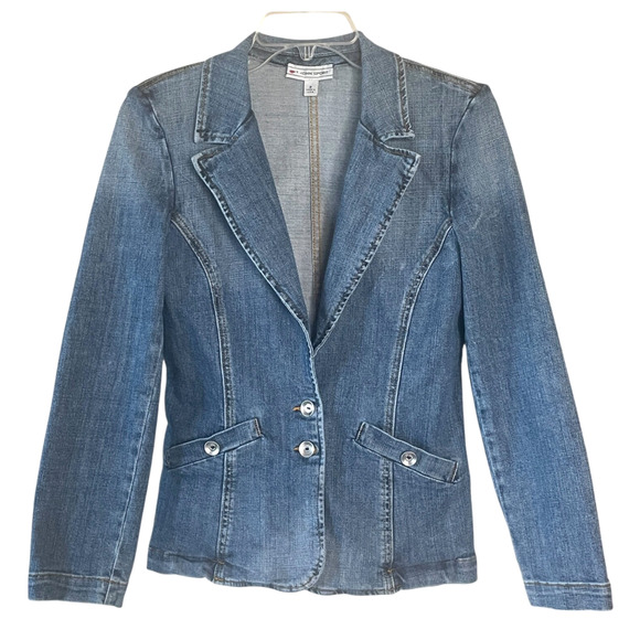 ST. JOHN SPORT Women Size Small Blue Denim Silver Logo Button-Up Jacket VINTAGE - Picture 1 of 9
